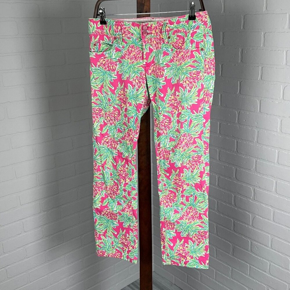 Lilly Pulizer Pants Women 4 Pink Green Floral Worth Straight Jean Cotton Stretch